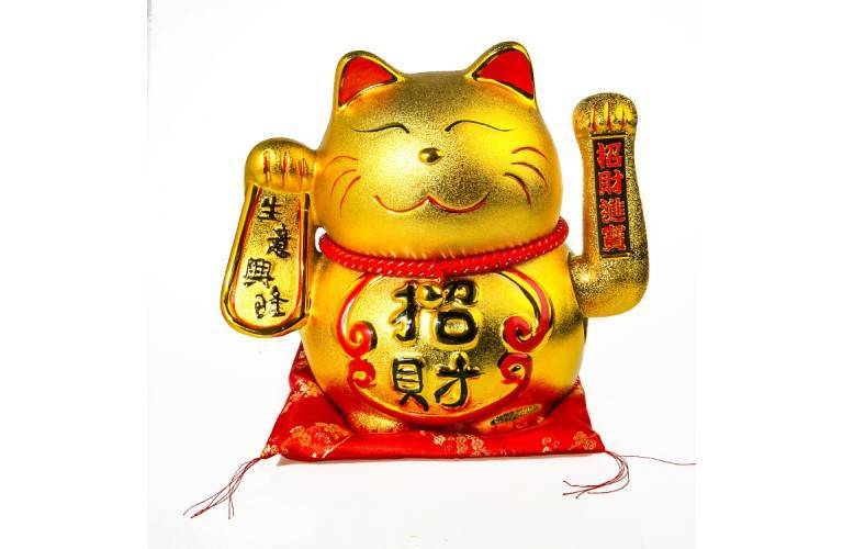 Chat maneki neko japonais géant, teinte gold, bras mobile, objet déco.