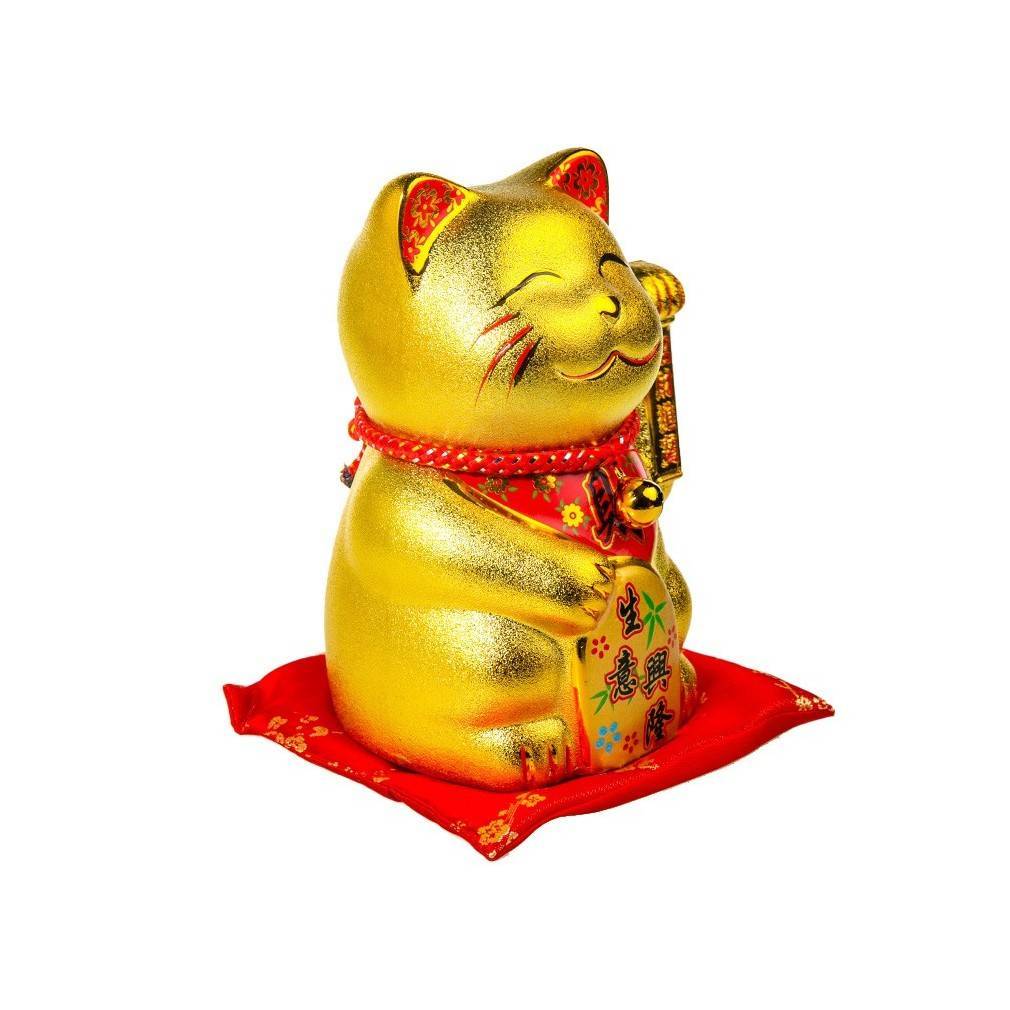 Grande Statuette Du Chat Maneki Neko Japonais Dore Bras Qui Bouge