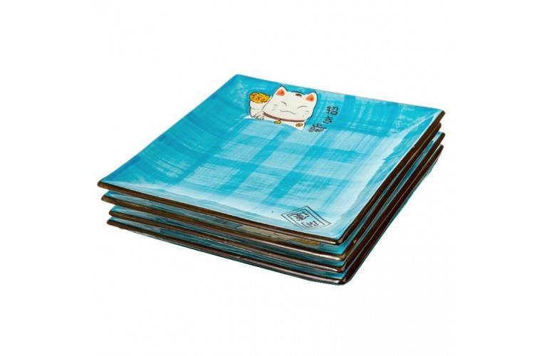 4 ASSIETTES CARREES MANEKI NEKO - BLEUE 4 ASSIETTES CARREES MANEKI NEKO - BLEUE