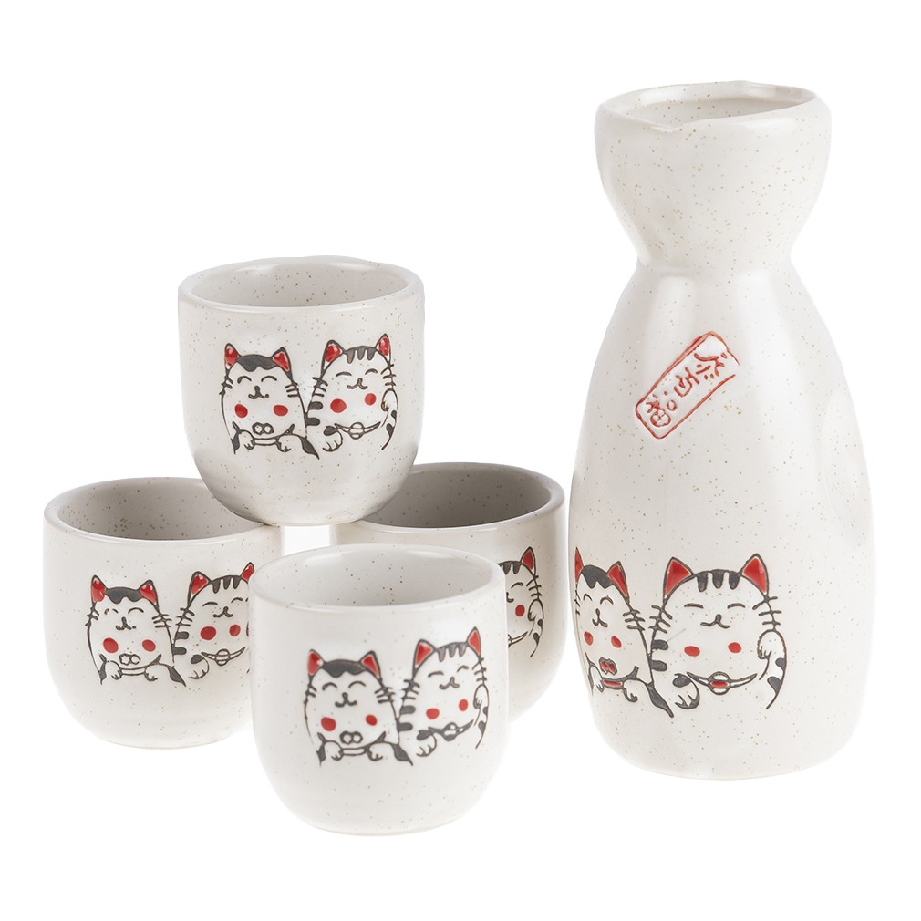 Service à sake japonais zen, porcelaine, décors chats maneki neko