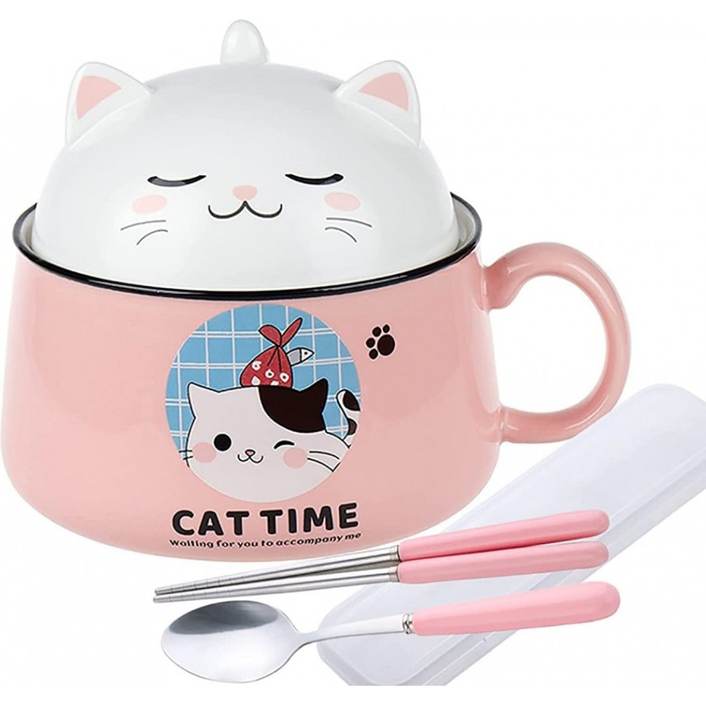 Bol à ramen et soupe japonaise en céramique rose - chat porte-bonheur