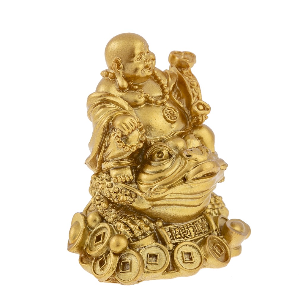 Bouddha rieur porte-bonheur avec symboles porte-bonheur dorés