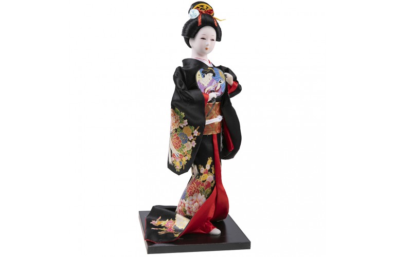 POUPEE JAPONAISE EN KIMONO NOIR ET FLEURS