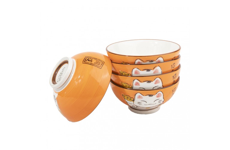 COFFRET 5 BOLS JAPONAIS ORANGE MANEKI NEKO