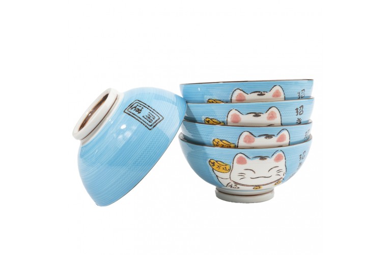 COFFRET 5 BOLS JAPONAIS BLEUS MANEKI NEKO