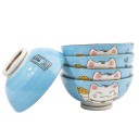 Coffret de 5 bols japonais bleus &agrave; motif Maneki Neko.