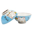 Deux bols bleus montrant le motif du chat Maneki Neko.