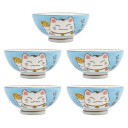 Les cinq bols bleus Maneki Neko présentés séparément.