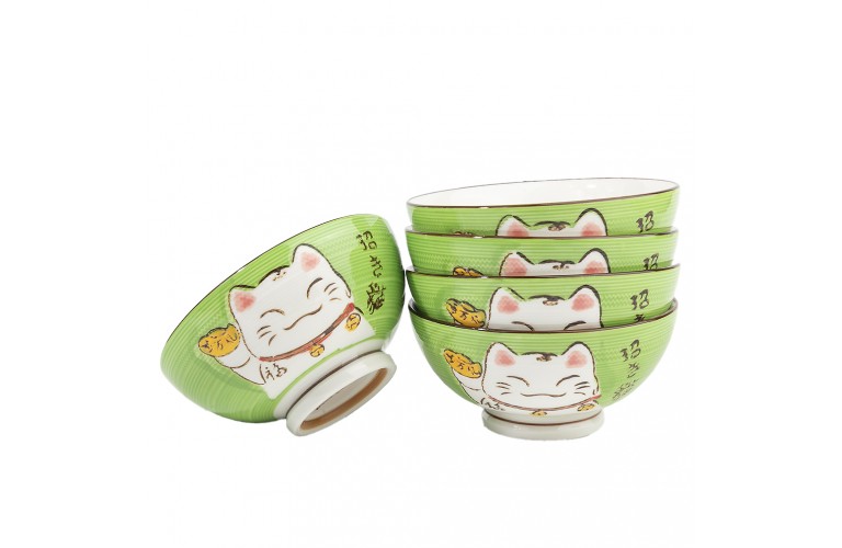 COFFRET 5 BOLS JAPONAIS VERTS MANEKI NEKO