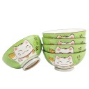 Coffret de 5 bols japonais verts à motif Maneki Neko.