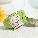 Détail du décor Maneki Neko sur un bol vert en porcelaine.