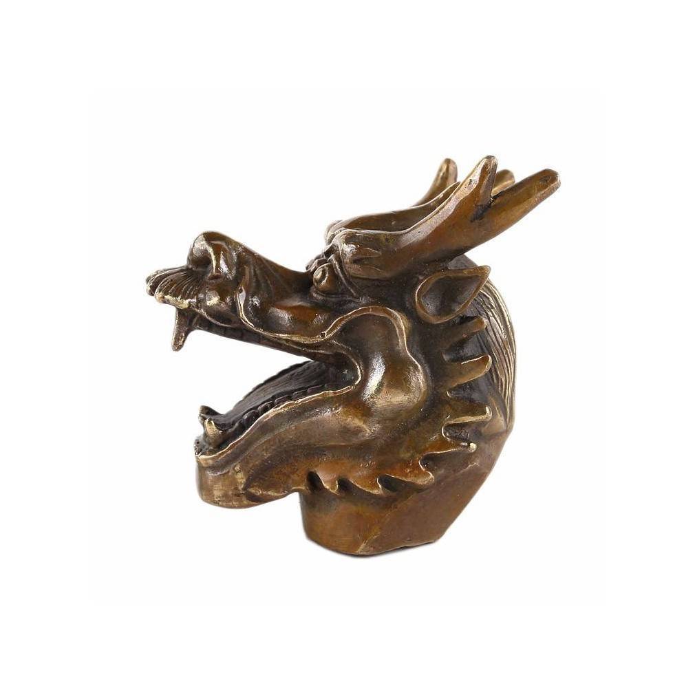 Chinois en cuivre ancien sculpté réaliste Dragon Canne Tête statue