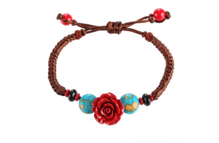 BRACELET TIBETAIN REGLABLE - FLEUR ROUGE