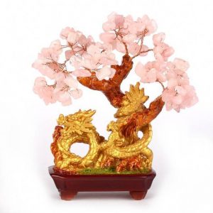 Arbre de vie Feng Shui support dragon pierre de quartz rose amour et fortune